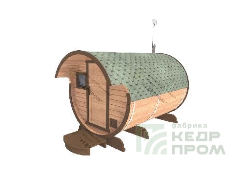 Баня-бочка из кедра длиной 3,5 метра с козырьком