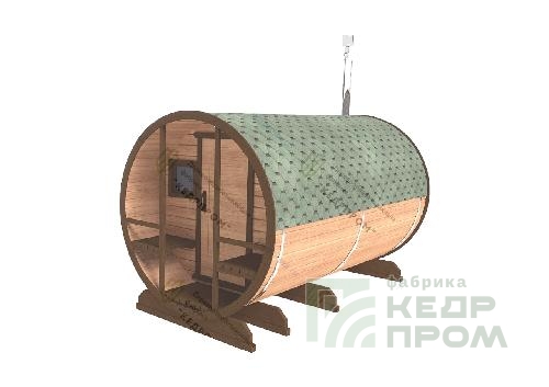 Баня-бочка из кедра длиной 3,5 метра с крыльцом