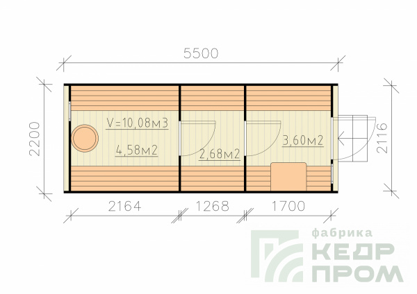 Баня-бочка из кедра квадратная длиной 5,5 метров