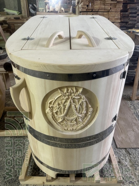 Фитобочка овальная полулежачая резная «Легенда», диаметр 78х140 см, высота115 см, толщина 40мм