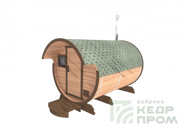 Баня-бочка из кедра длиной 3,5 метра с козырьком